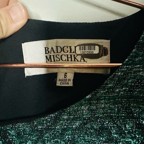 BADGLEY MISCHKA Black Emerald Lurex Jacquard Stretch Green Sheath Dress Size 6 - Picture 11 of 15